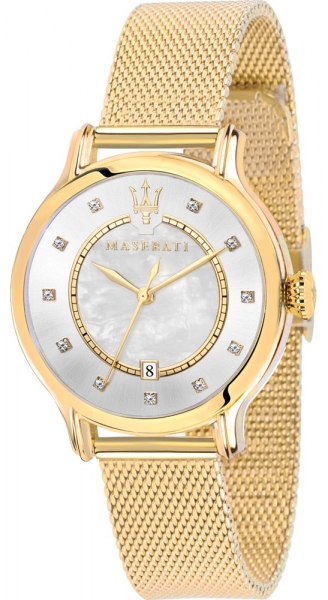 MASERATI EPOCA 34MM 3H SILVER DIAL YG MESH BAND R8853118502