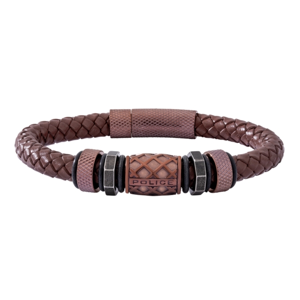 POLICE JEWELS LONGFORD BRACELET SS + BROWN LEATHER PJ.26458BLC-02