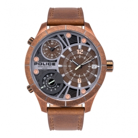 WATCH POLICE BUSHMASTER DUAL TIME BROWN DIAL BROWN ST PL.15662XSQR-12